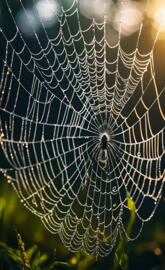 a spider web with dew on it