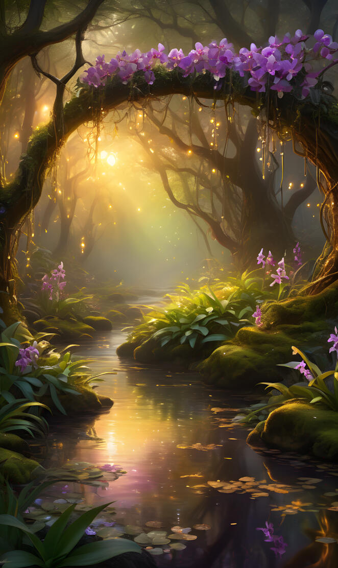 A stream with purple orchids