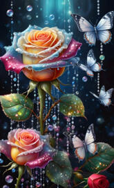 multicolored roses, glistening dew drops, butterflies, diamonds, pearl