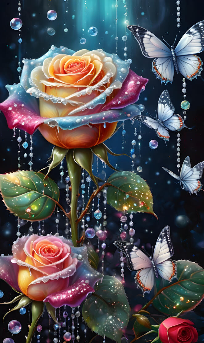 multicolored roses, glistening dew drops, butterflies, diamonds, pearl
