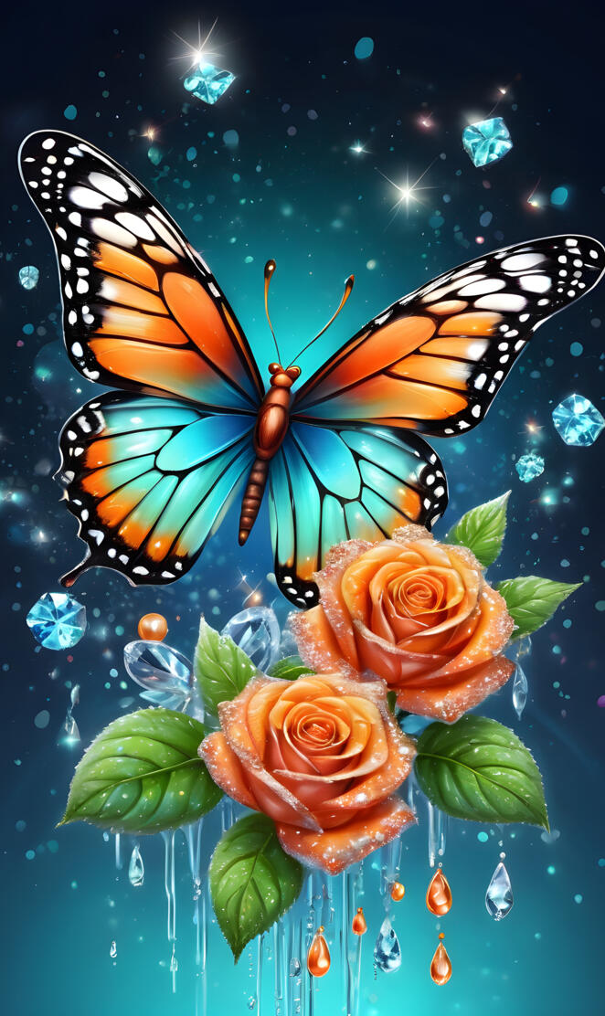 realistic orange roses, dew drops on petals, green & orange butterfly