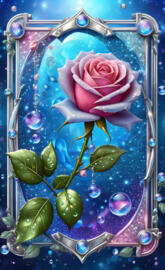 Pink dew kissed rose on silver frame with diamonds and bubbles around