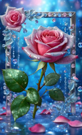 real pink rose framed by silver with diamonds decorating frame