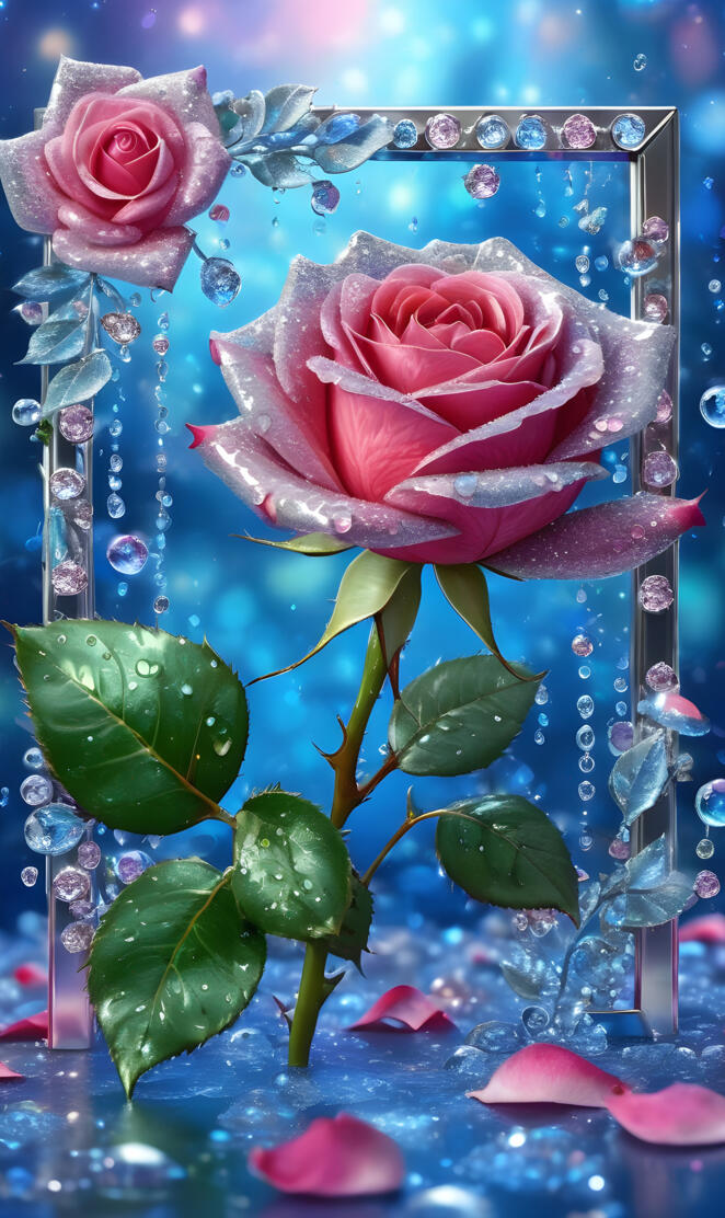real pink rose framed by silver with diamonds decorating frame