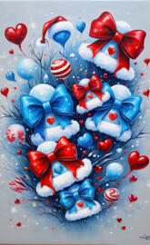 a group of blue and red stuffed animals