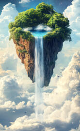 Floating island in the sky with a waterfall pouring