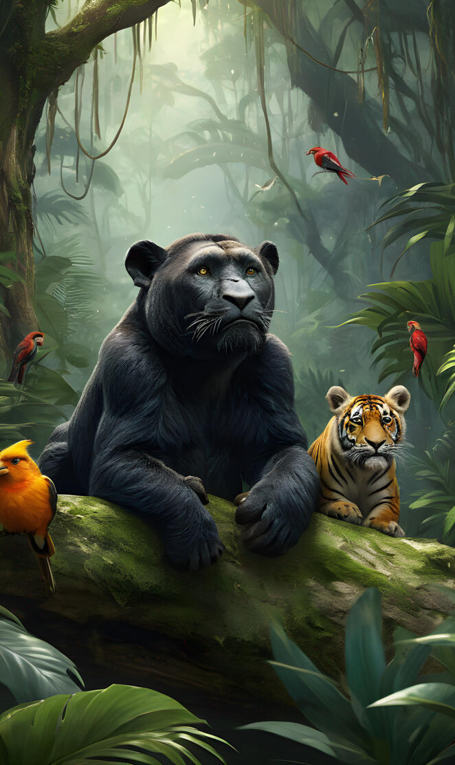 a black bear and two orange birds