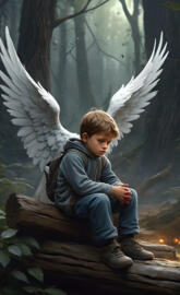 un enfant triste protèger par un ange gardien mais il n'est pas seul..