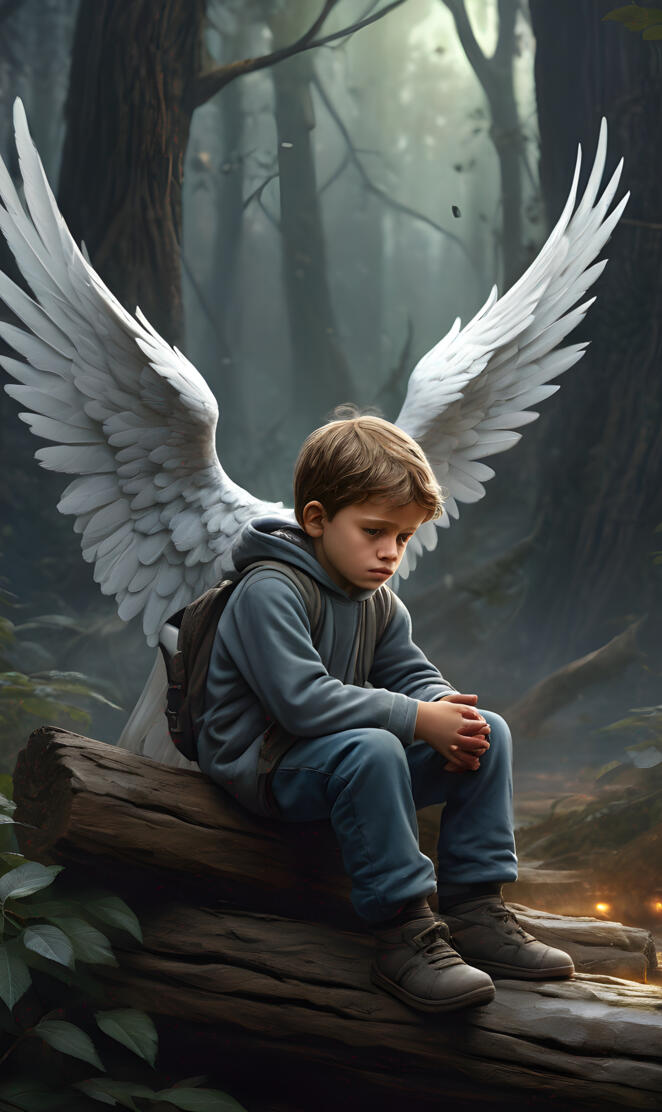 un enfant triste protèger par un ange gardien mais il n'est pas seul..