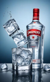 a bottle of alcohol and ice cubes