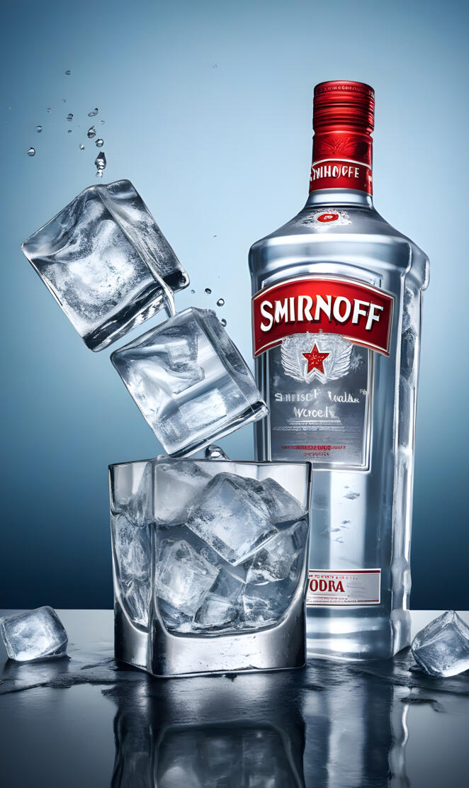 a bottle of alcohol and ice cubes