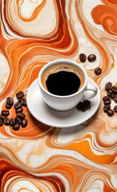 a cup of coffee on a saucer with coffee beans