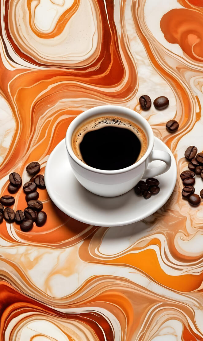 a cup of coffee on a saucer with coffee beans