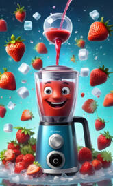 a blender with strawberries and a drink in it