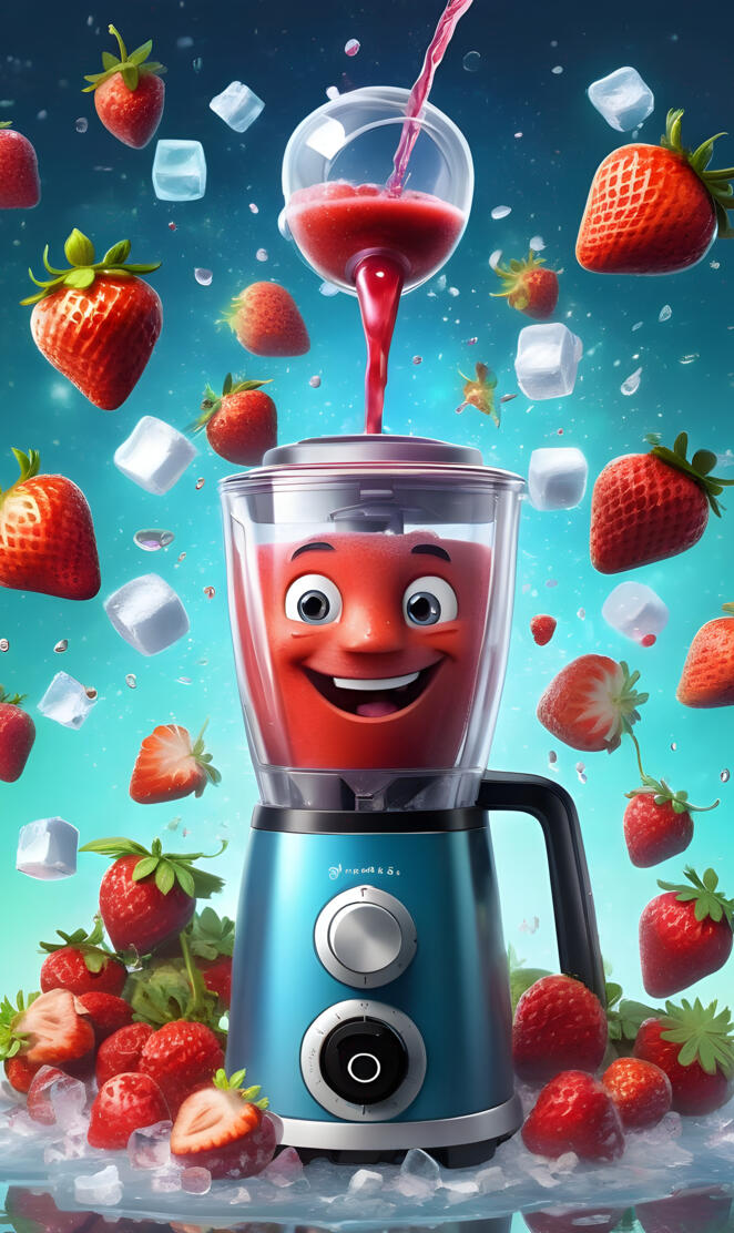 a blender with strawberries and a drink in it