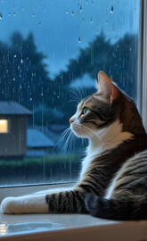 Cat watches the rain while it takes shelter inside its house