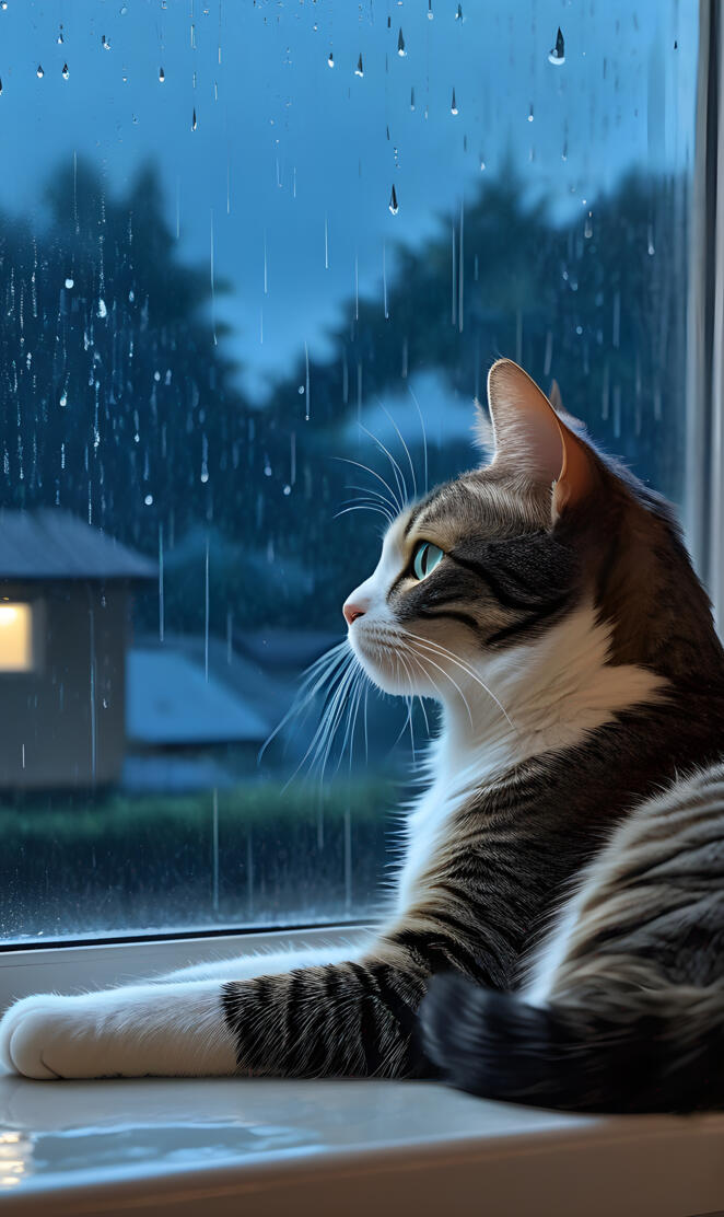 Cat watches the rain while it takes shelter inside its house