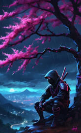 ninja sitting under cherry tree watching as the rain pours down