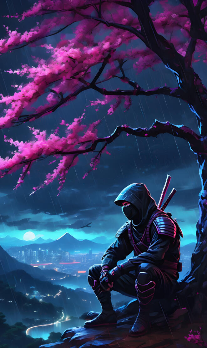 ninja sitting under cherry tree watching as the rain pours down