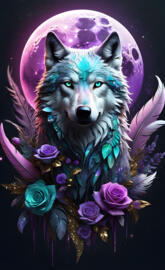 a wolf with purple flowers