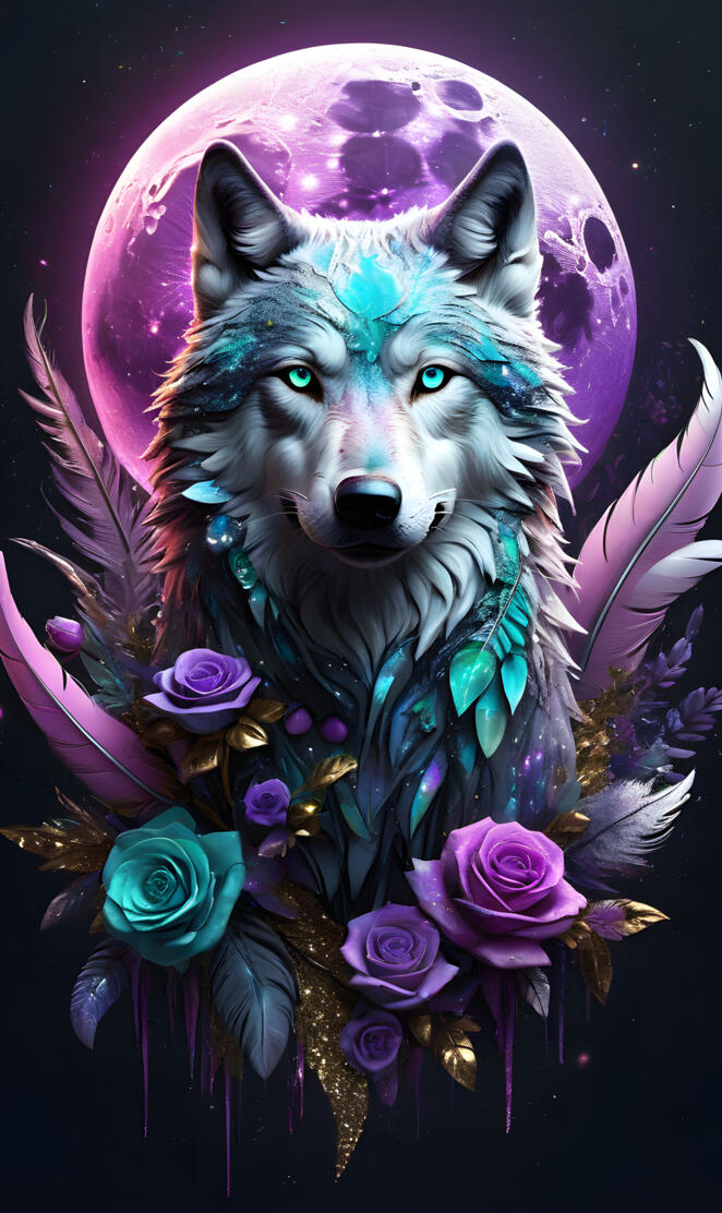 a wolf with purple flowers