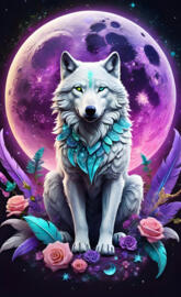 a wolf with wings and a blue dress with flowers