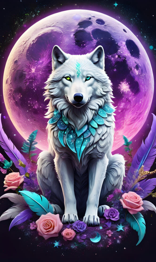 a wolf with wings and a blue dress with flowers