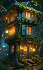 A magical leaf fairy house. Lanterns are hanging everywhere. Vibrating