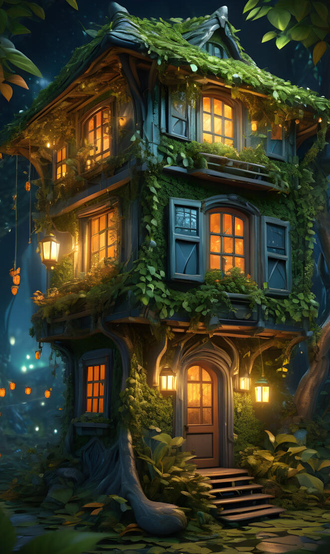 A magical leaf fairy house. Lanterns are hanging everywhere. Vibrating