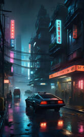 Cyberpunk cityscape at night, neon lights, rain-soaked streets
