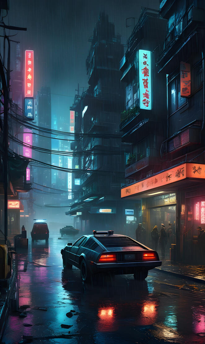 Cyberpunk cityscape at night, neon lights, rain-soaked streets