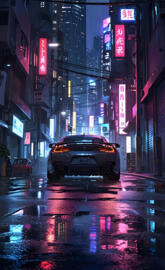 Sleek Sports Car in Vibrant Neon Lit Urban Alley at Night