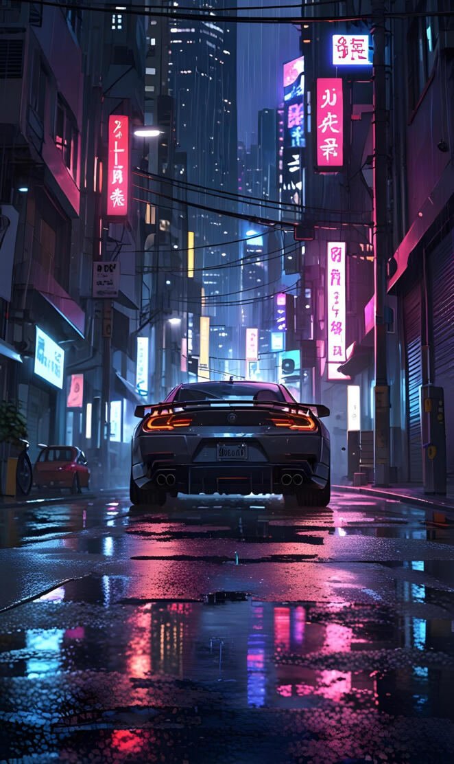 Sleek Sports Car in Vibrant Neon Lit Urban Alley at Night
