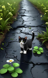 a cat sitting on a wet sidewalk