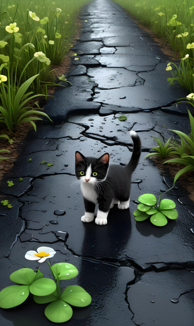 a cat sitting on a wet sidewalk