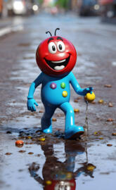 a toy figurine on a wet sidewalk