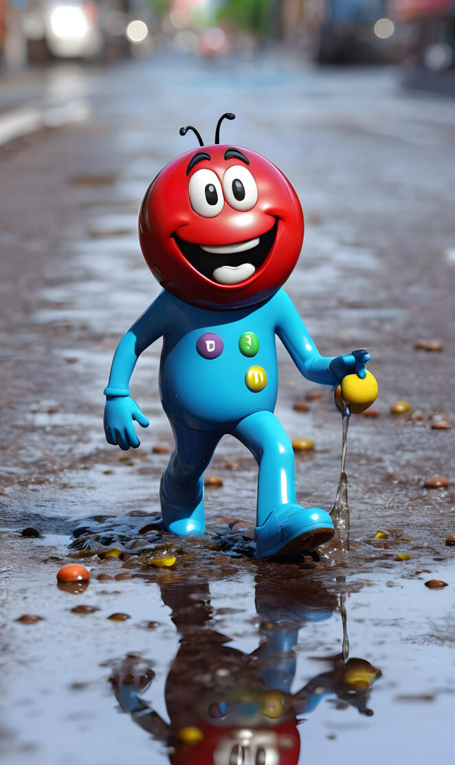 a toy figurine on a wet sidewalk