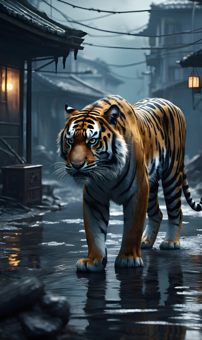 a tiger walking on a wet street