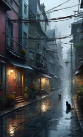 a wet street with buildings on both sides