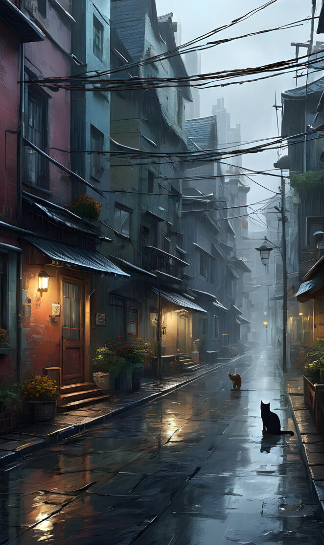 a wet street with buildings on both sides