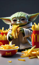 a toy figurine holding a bowl of french fries