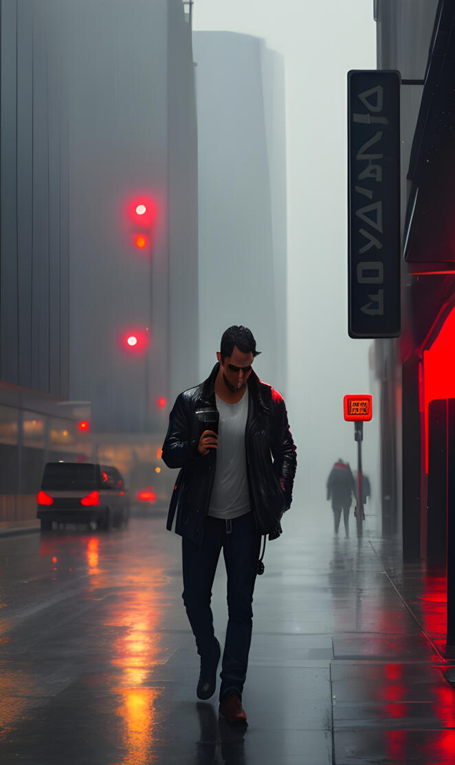 Man walking in the rainy city by Ai