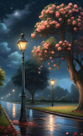 a street lamp and trees with pink flowers