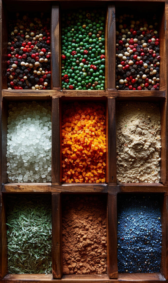 Spices in wooden boxes