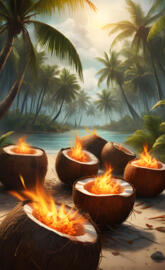 a group of coconuts on a beach