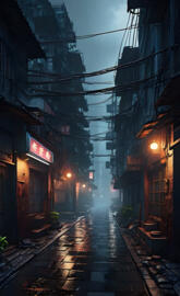 Cobblestone Alley with Overhead Powerlines