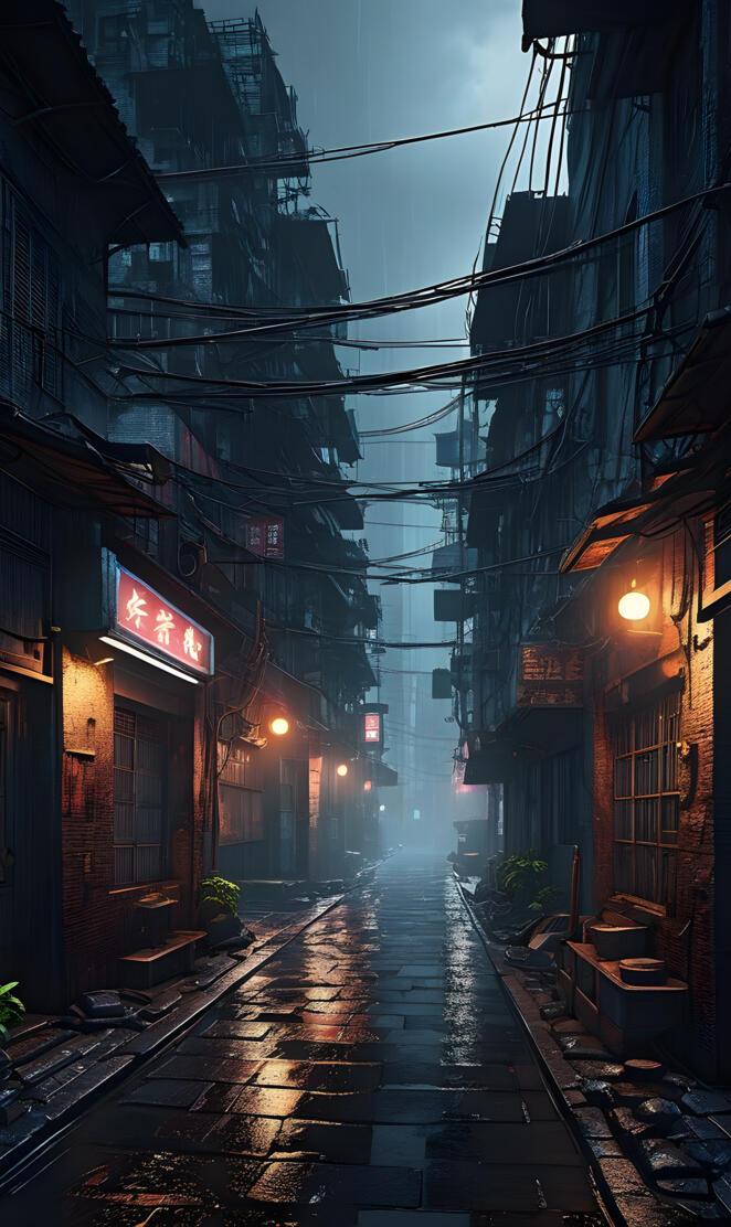 Cobblestone Alley with Overhead Powerlines