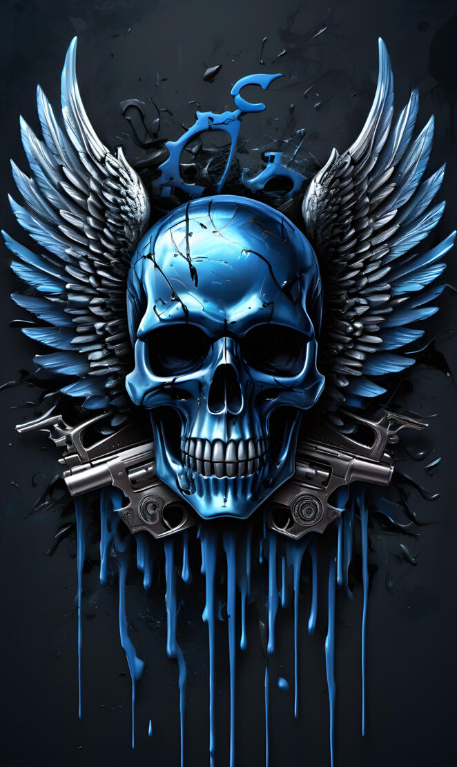 blue blaze skull, guns and paint dripping