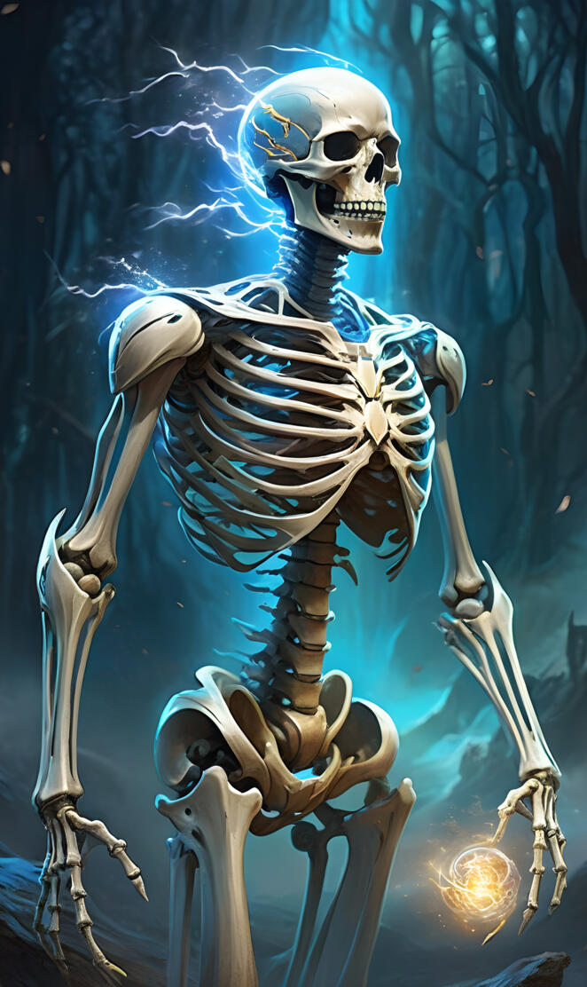 a skeleton in a glass case