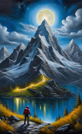 a person standing on a rocky path with a body of water and mountains